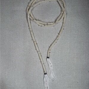Handmade Seed Bead Wrap Necklace / Lariat w Tassel Ends | Ivory + Silver